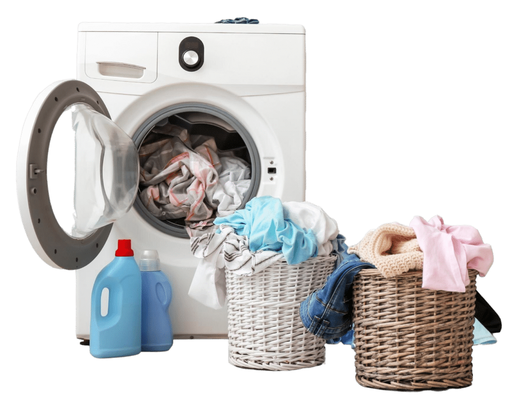 washing machine with dirty clothes isolated transparent background